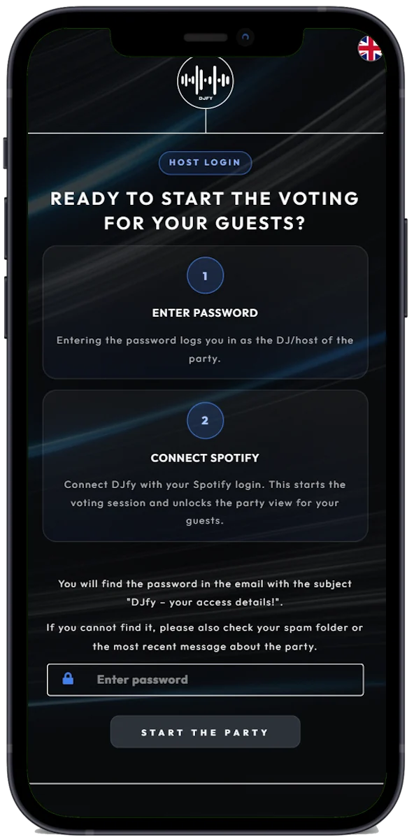 DJfy DJ-Login mit Passwort und Spotify-Verbindung