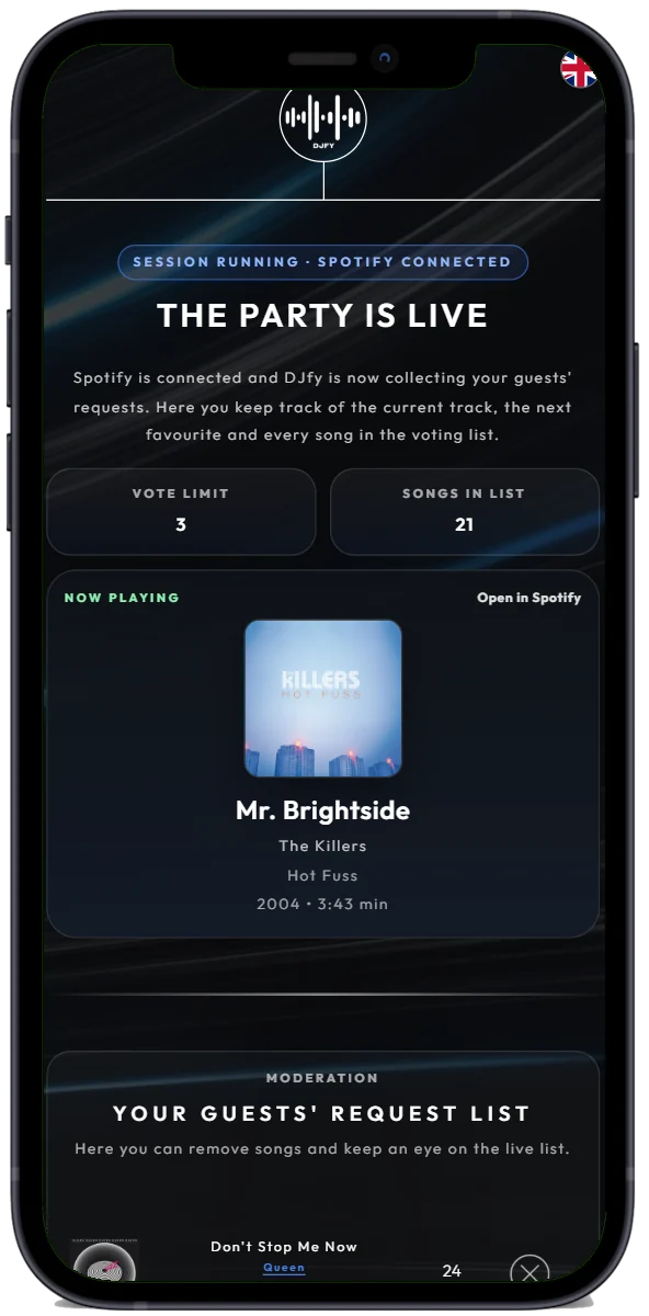 DJ-Bereich der DJfy-App während der Party