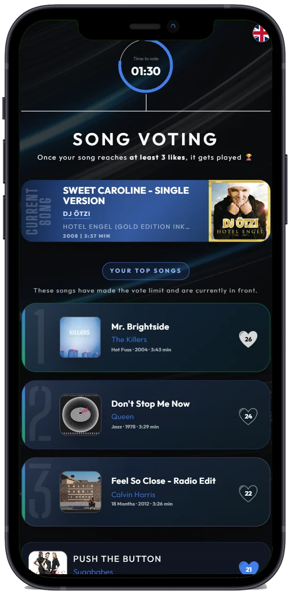 Gästeansicht der DJfy-App mit Song-Voting und Top-Songs