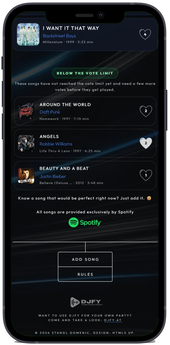 DJfy App: Song zur Wunschliste hinzufügen